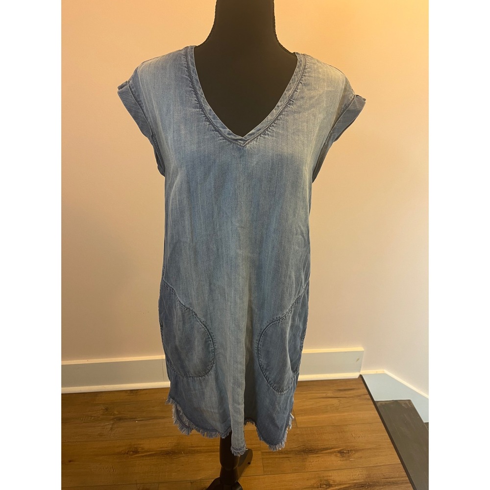 Cloth & Stone Blue Tencel Denim Shift Dress Frayed Hem V-Neck XS